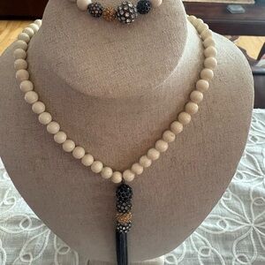 Stella & Dot Vintage Cream and Gun Metal Rhinestone Beaded Tassel Set
